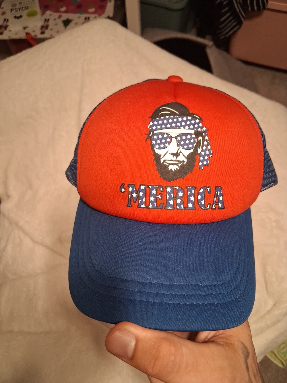 Patriotic Red and Blue Trucker Hat with 'Merica Graphic